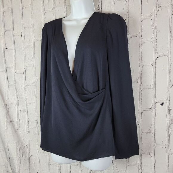 Vanessa Bruno solid black silk long sleeve cross drapey faux wrap blouse top - Picture 3 of 9